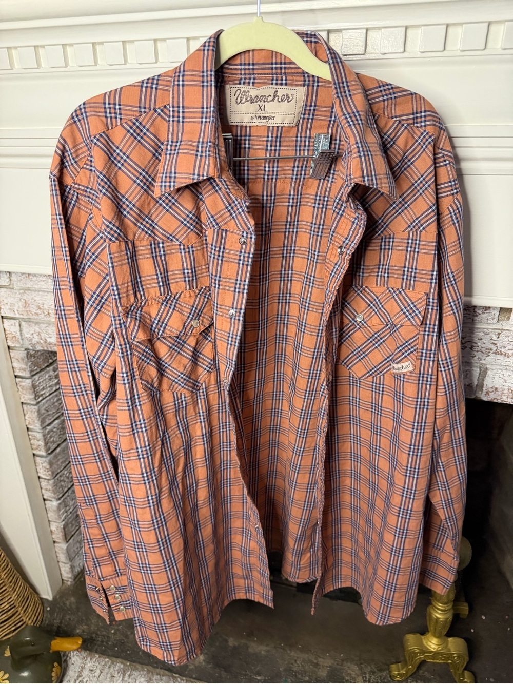 Wrancher by Wrangler Orange and Blue Plaid Pearl Snap Button up Shirt